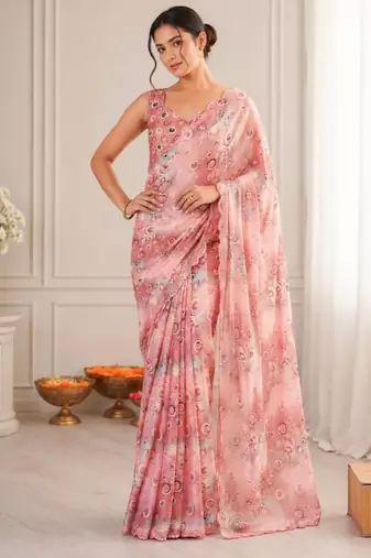 heavy chinon silk blend mirror work saree