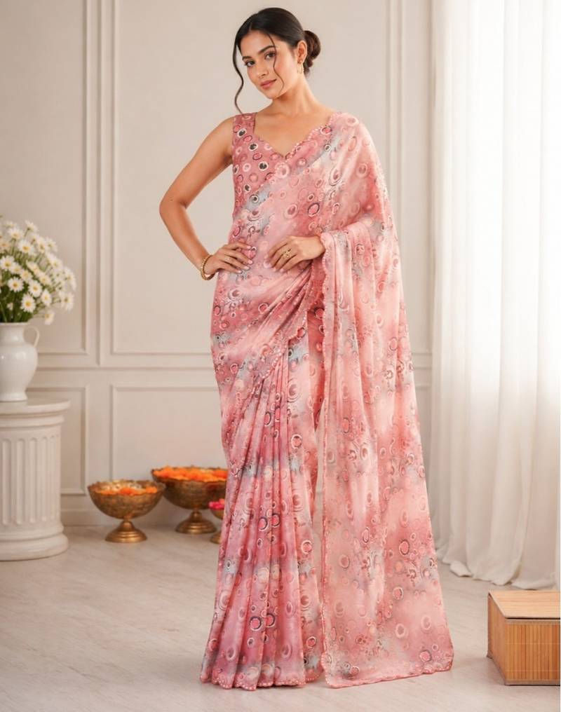 heavy chinon silk blend mirror work saree