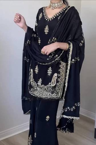 Black Color Sequence And Embroidery Work Silk Blend Salwar Suit