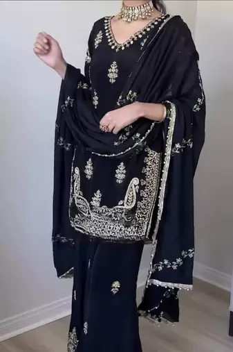 Black Color Sequence And Embroidery Work Silk Blend Salwar Suit