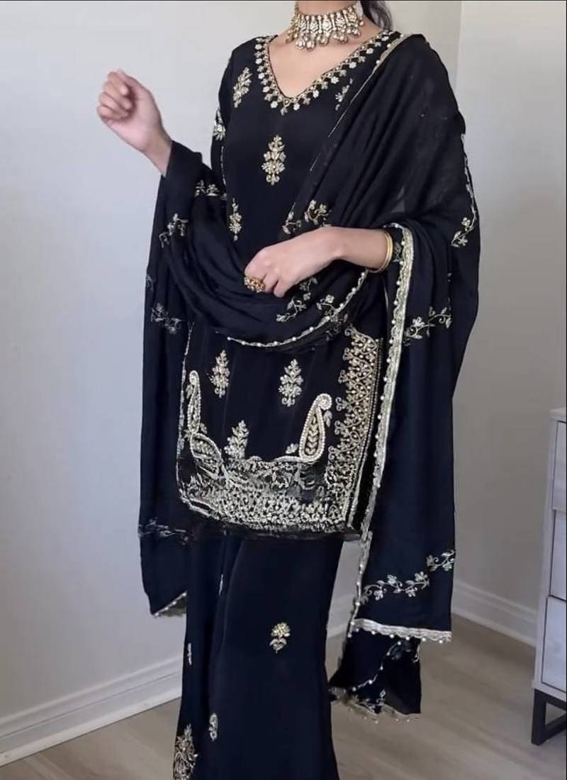 Black Color Sequence And Embroidery Work Silk Blend Salwar Suit