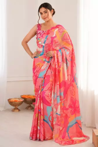 heavy chinon silk blend mirror work saree