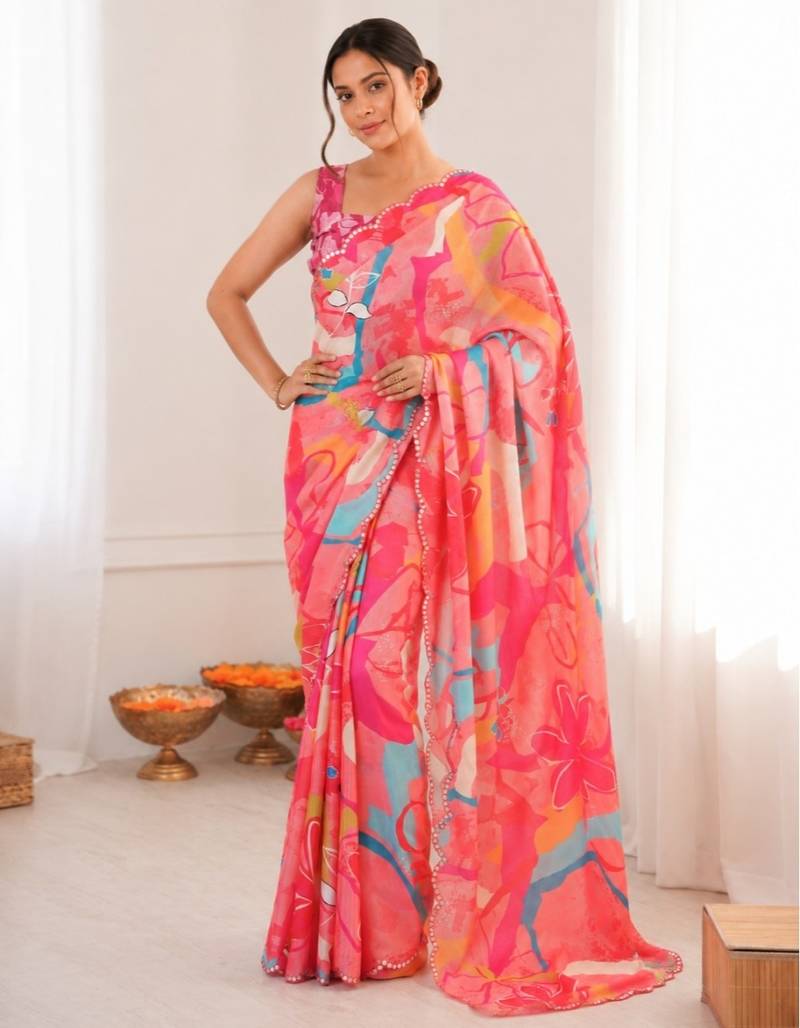 heavy chinon silk blend mirror work saree