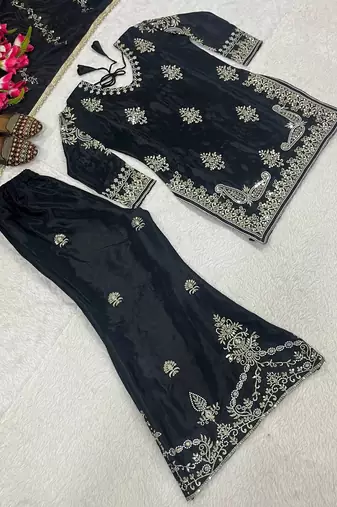 Black Color Sequence And Embroidery Work Silk Blend Salwar Suit