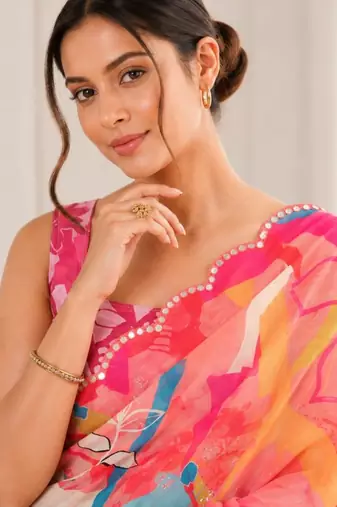 heavy chinon silk blend mirror work saree