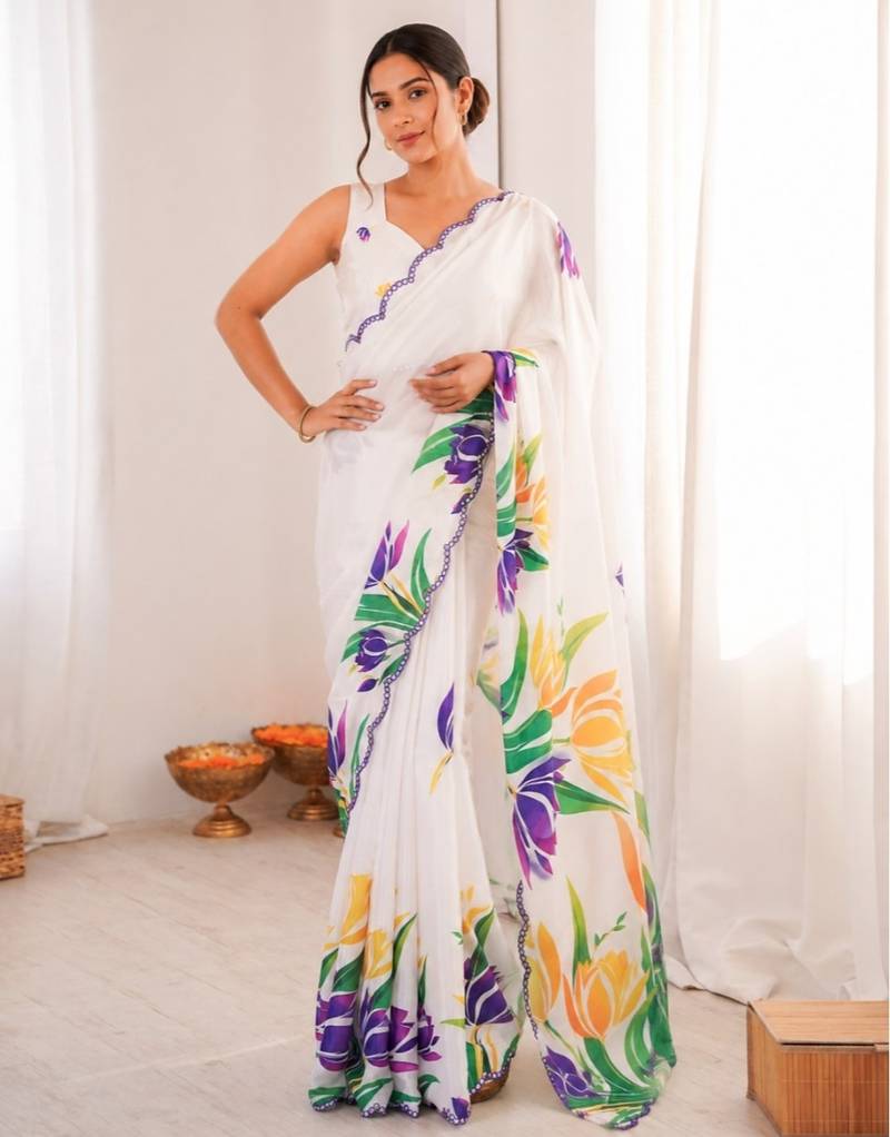 heavy chinon silk blend mirror work saree