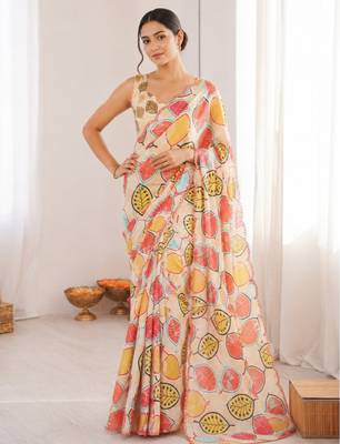 heavy chinon silk blend mirror work saree 1