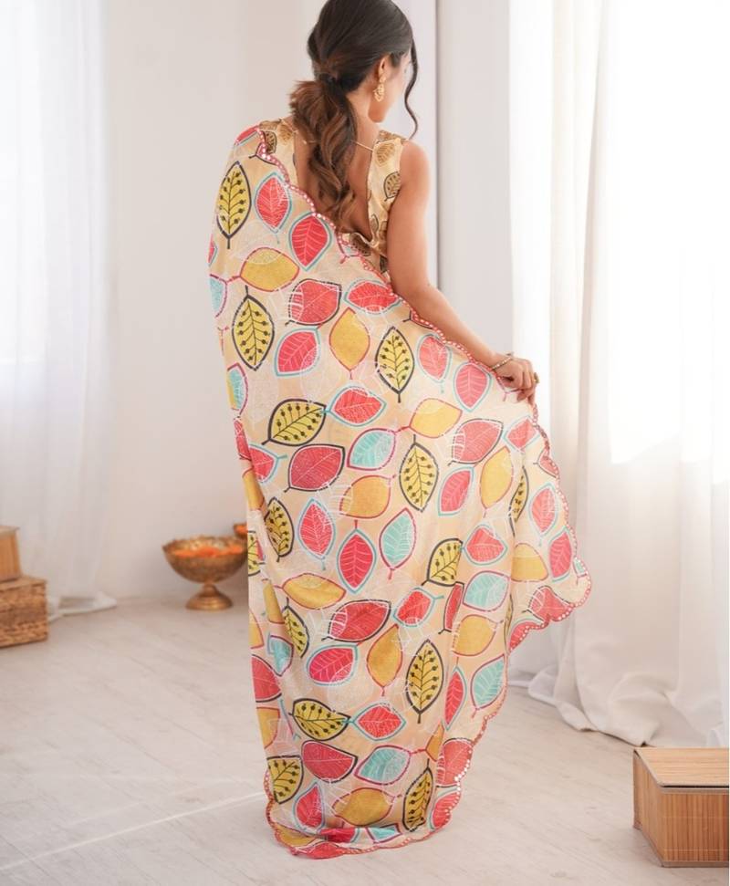 heavy chinon silk blend mirror work saree