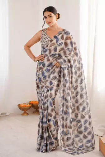 heavy chinon silk blend mirror work saree