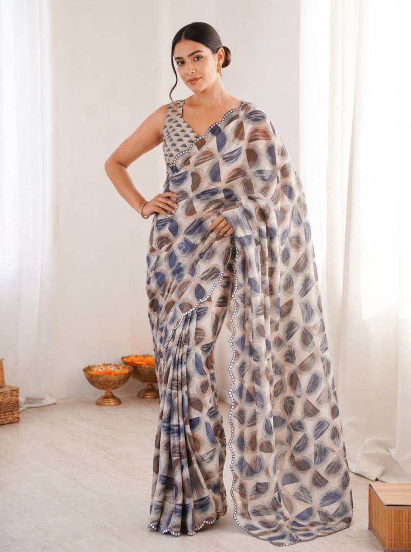 heavy chinon silk blend mirror work saree