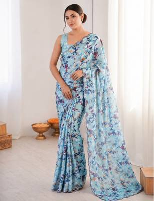 heavy chinon silk blend mirror work saree 1