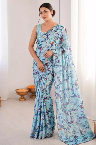 heavy chinon silk blend mirror work saree