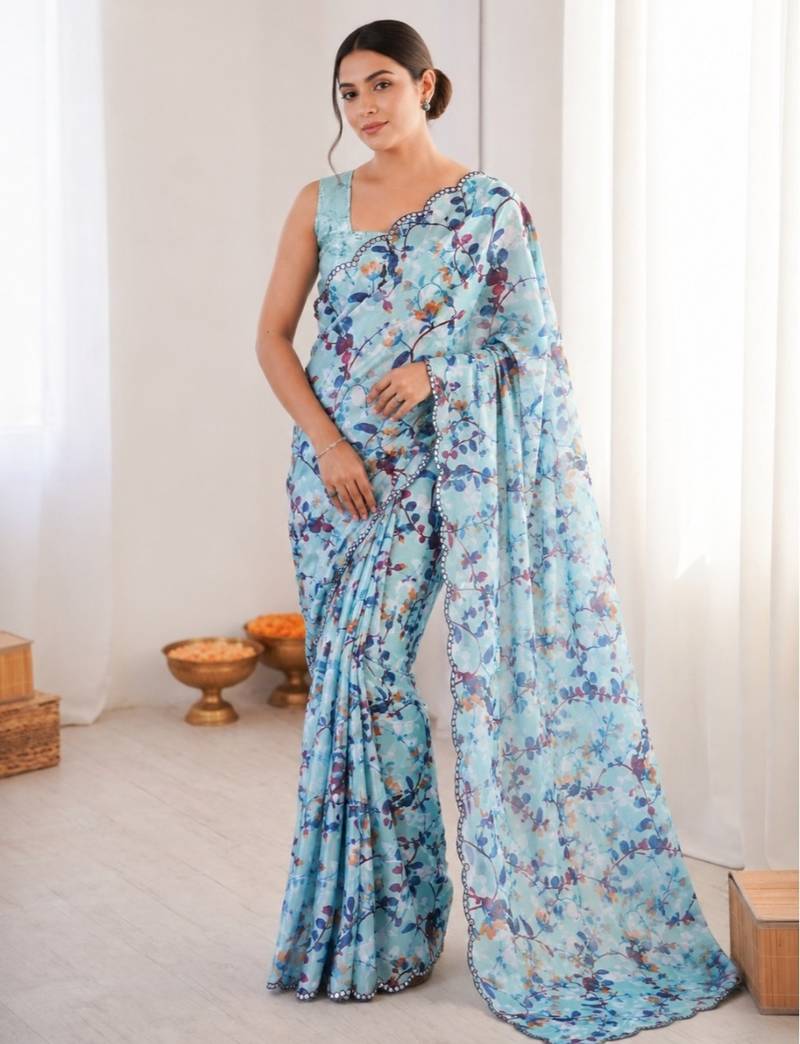 heavy chinon silk blend mirror work saree
