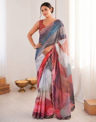 heavy chinon silk blend mirror work saree 1