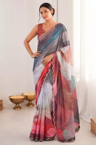 heavy chinon silk blend mirror work saree