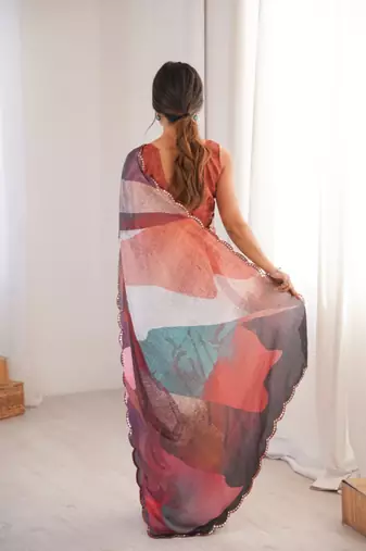 heavy chinon silk blend mirror work saree