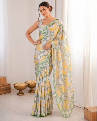 heavy chinon silk blend mirror work saree 1