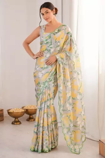 heavy chinon silk blend mirror work saree
