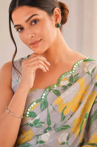 heavy chinon silk blend mirror work saree