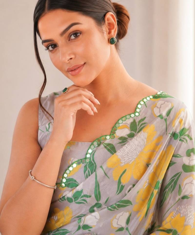 heavy chinon silk blend mirror work saree