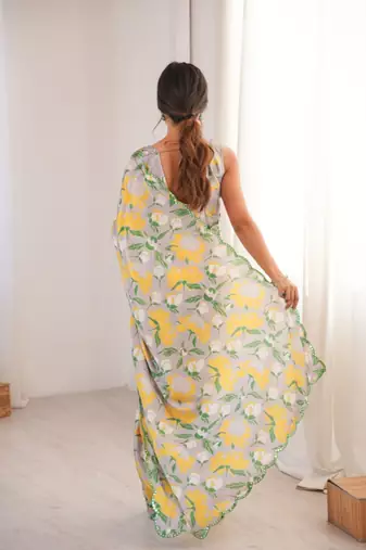 heavy chinon silk blend mirror work saree