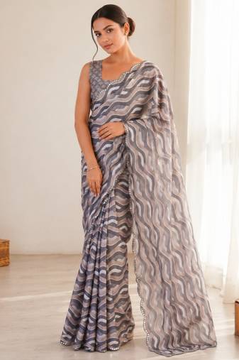 grey heavy silk blend mirror work saree