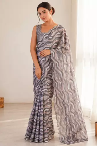 grey heavy silk blend mirror work saree