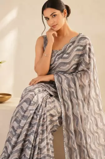 grey heavy silk blend mirror work saree
