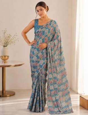 heavy chinon silk blend mirror work saree 1