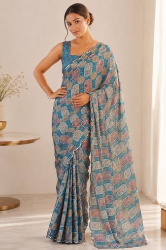 teal heavy silk blend mirror work saree