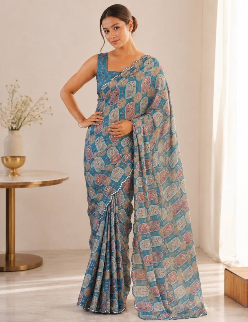heavy chinon silk blend mirror work saree