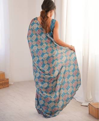 heavy chinon silk blend mirror work saree 3