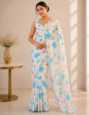 heavy chinon silk blend mirror work saree 1