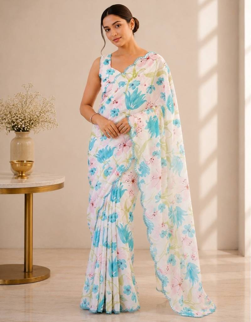 heavy chinon silk blend mirror work saree