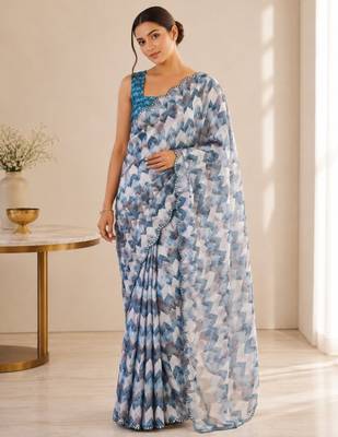 heavy chinon silk blend mirror work saree 1