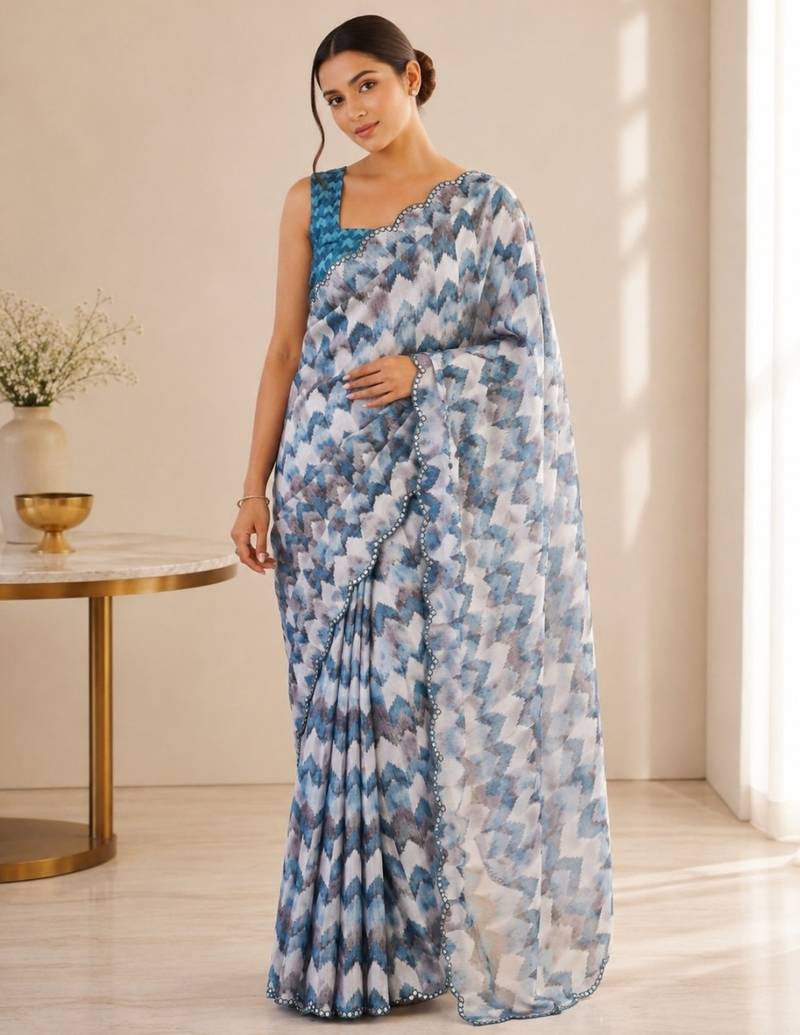heavy chinon silk blend mirror work saree