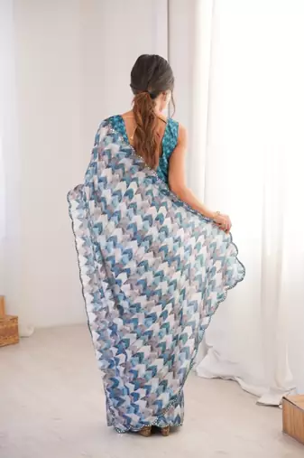 aqua blue heavy silk blend mirror work saree