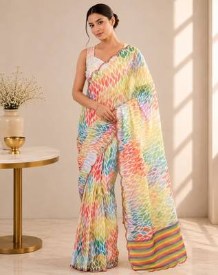 heavy chinon silk blend mirror work saree 1