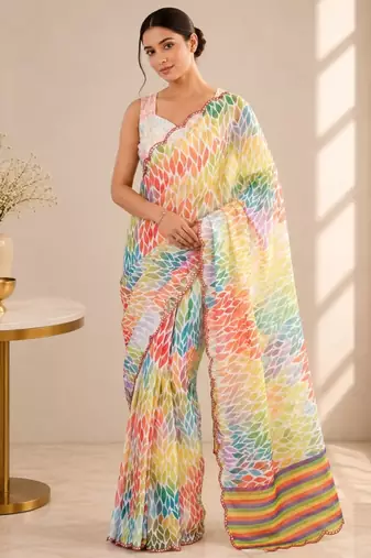 multicolor heavy silk blend mirror work saree