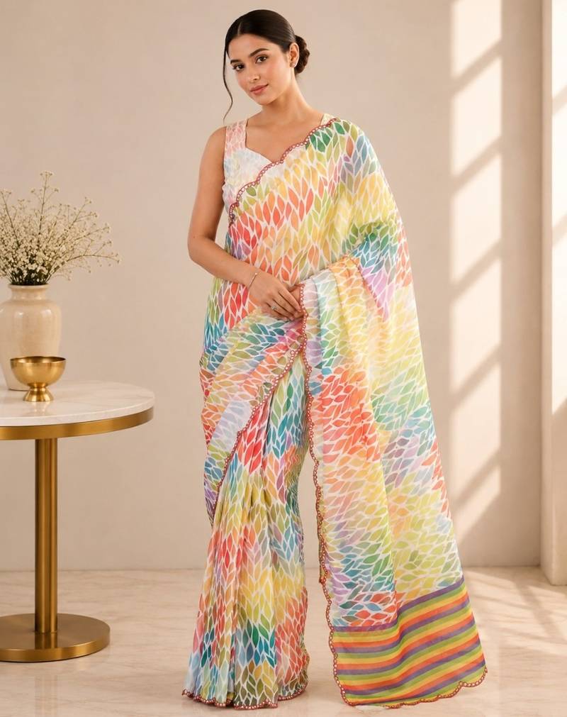 heavy chinon silk blend mirror work saree