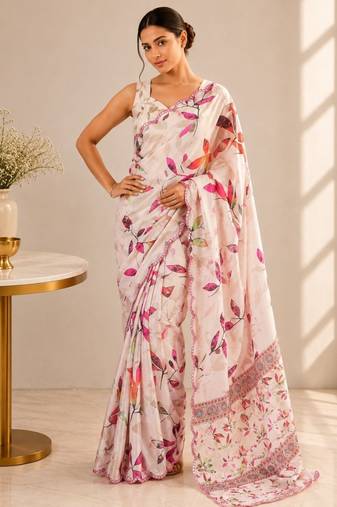 cream heavy silk blend mirror work saree