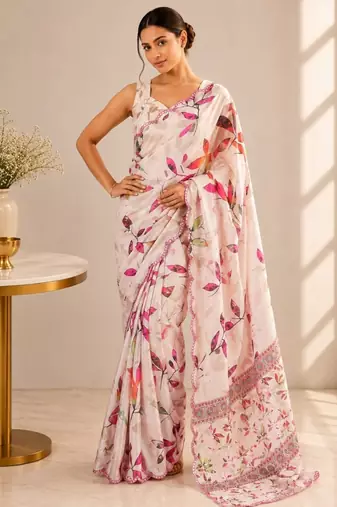cream heavy silk blend mirror work saree