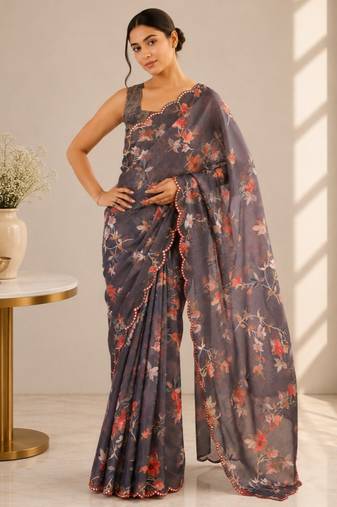 grey heavy silk blend mirror work saree