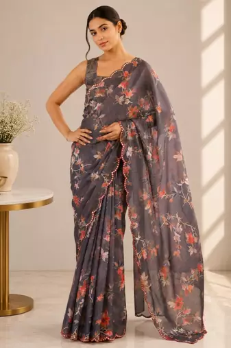grey heavy silk blend mirror work saree