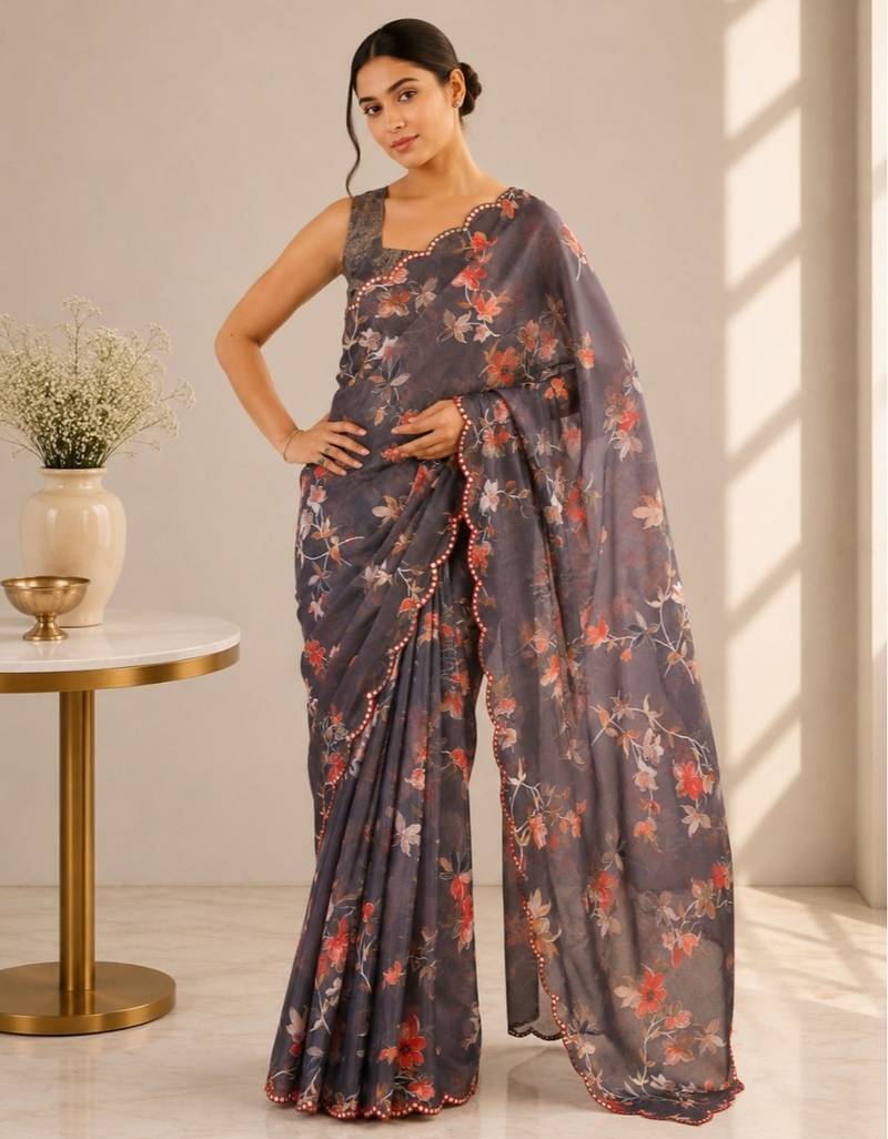 heavy chinon silk blend mirror work saree