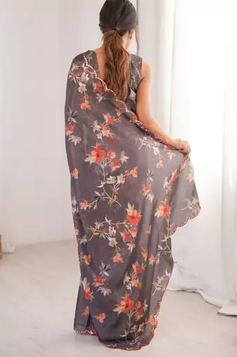 grey heavy silk blend mirror work saree