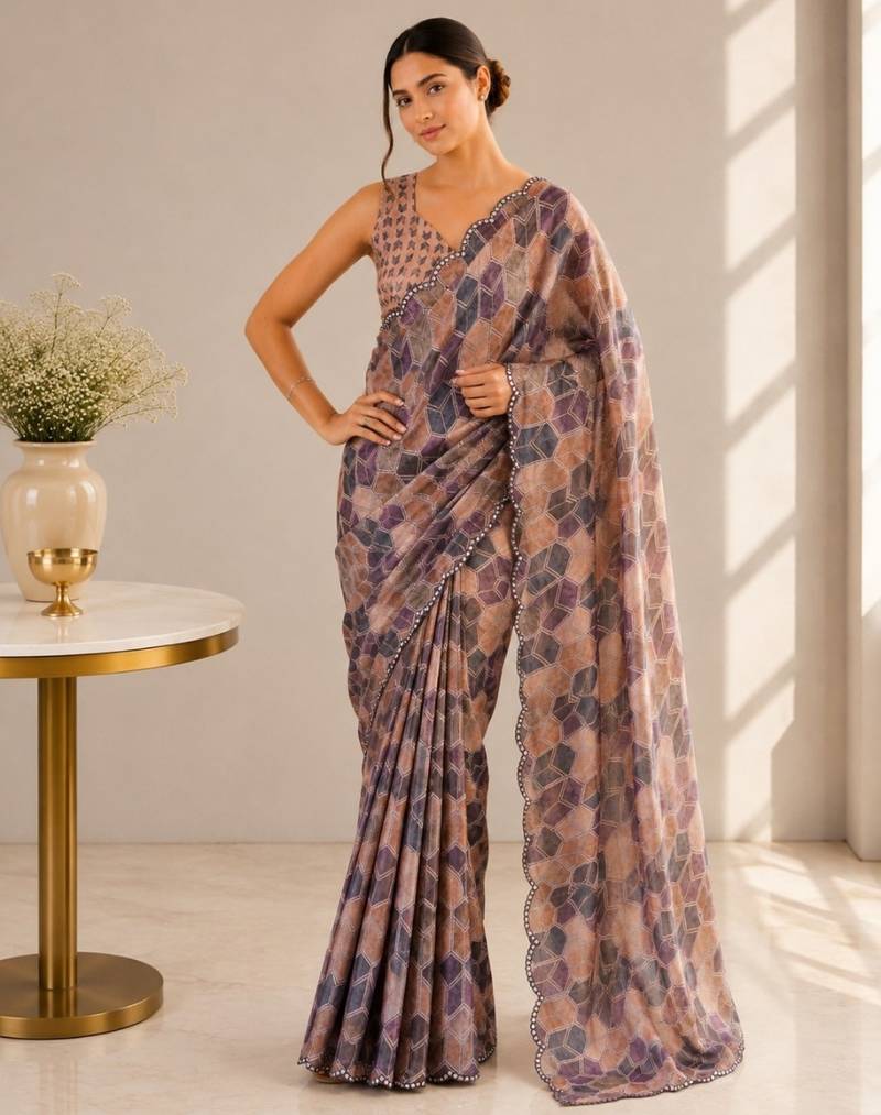 heavy chinon silk blend mirror work saree