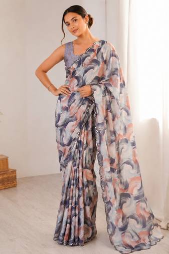 off white heavy silk blend mirror work saree