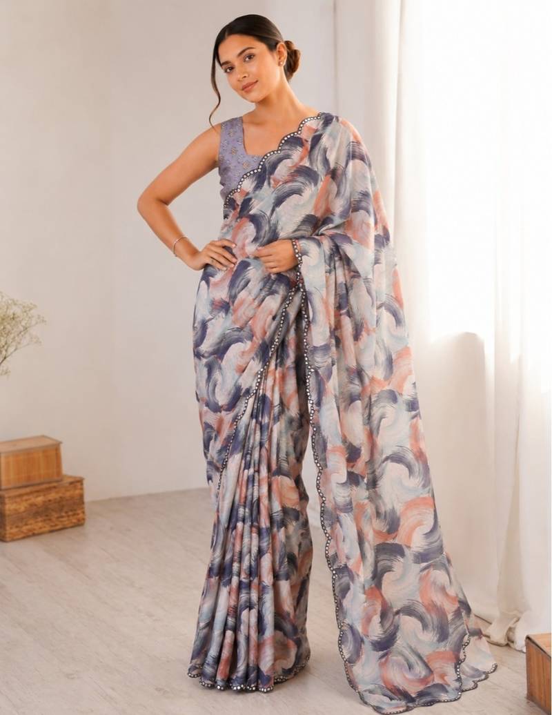 heavy chinon silk blend mirror work saree