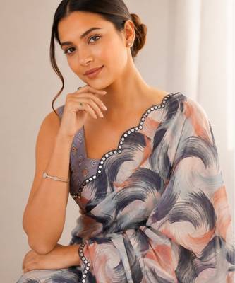 heavy chinon silk blend mirror work saree 3